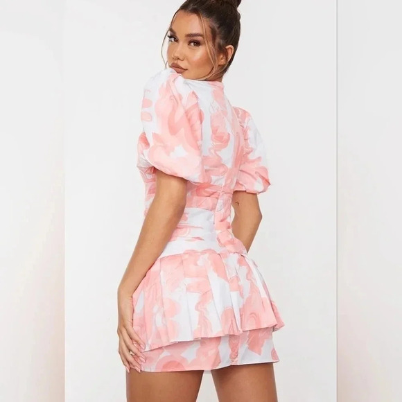 PrettyLittleThing Pink Swirl Print Pleated Waist Puff Sleeve Skater Mini Dress S - Picture 5 of 16